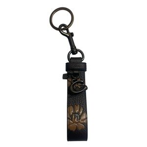 Coach Pebbled Brown Leather Floral Key Loop Bag Charm Keychain
